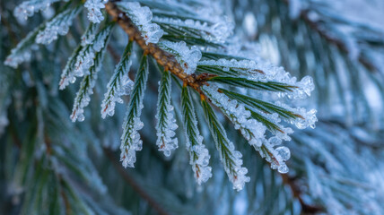 Close-up of a frosted pine branch covered in ice crystals a winter nature scene