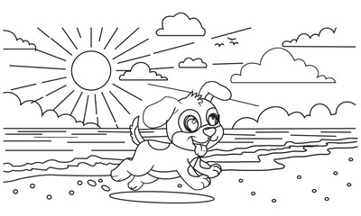 Happy puppy running on the beach with sun and clouds isolated on white background