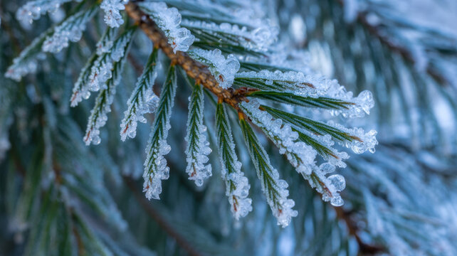 Close-up of a frosted pine branch covered in ice crystals a winter nature scene - Powered by Adobe
