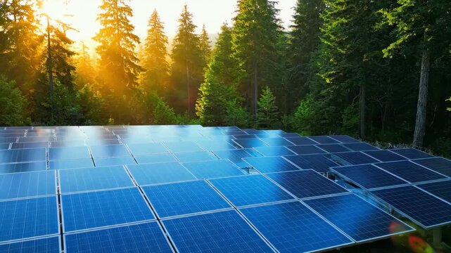 Solar Panels in Lush Forest Landscape at Sunset Generating Clean Energy.