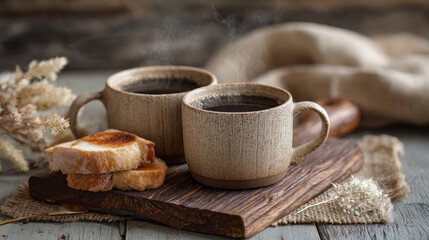 Fototapeta premium Warm rustic breakfast scene with coffee mugs and toast on a wooden board in cozy morning light