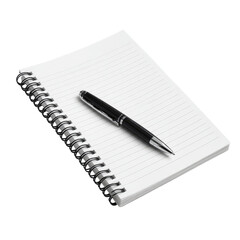 A spiral-bound notebook with a black pen resting on top.  White pages with horizontal lines