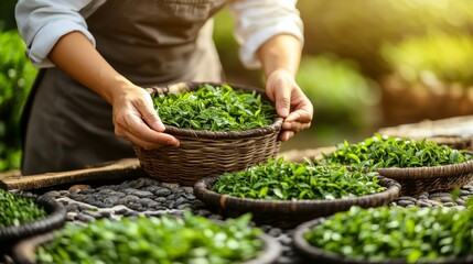 Farmer with a basket of fresh green tea leaves at a plantation.