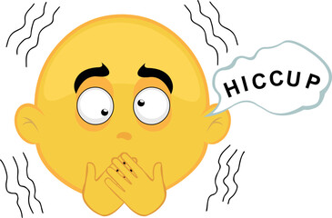 vector illustration yellow face character emoticon cartoon, having hiccups symptom and a speech bubble with hiccup text