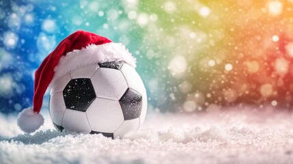 Festive soccer ball wearing Santa hat on snowy ground during winter holiday season isolated on vibrant background