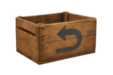 Wooden crate with return arrow symbol. Reusing delivery box, recycling, and circular economy concept on transparent background