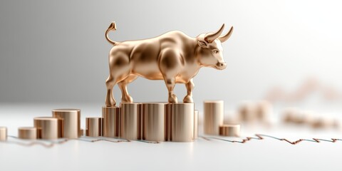 Golden bull statue on rising stock chart three dimensional financial growth concept