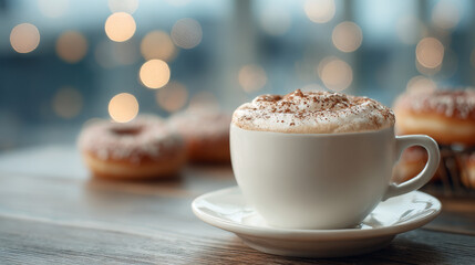 Creamy cappuccino topped with cinnamon on a wooden table, donuts softly blurred in the background with warm bokeh lighting in a cozy café setting.