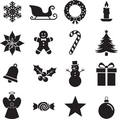 Comprehensive Christmas Holiday Icon Silhouette Grid