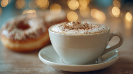 Creamy cappuccino topped with cinnamon on a wooden table, donuts softly blurred in the background with warm bokeh lighting in a cozy café setting.