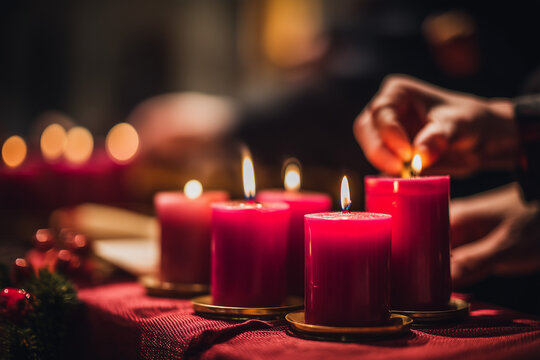 Lighting Advent candles together, weekly tradition, solemn beautiful moment, religious significance