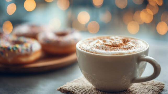 Creamy cappuccino topped with cinnamon on a wooden table, donuts softly blurred in the background with warm bokeh lighting in a cozy café setting.