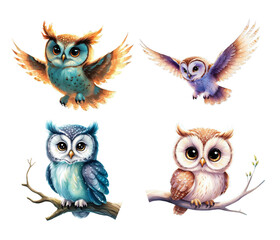 Cute watercolor owls set on transparent background. Watercolor Illustration for Nursery and Storybook Projects on White Background. Owl isolated on white.