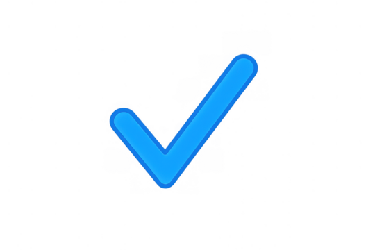Blue check mark symbol icon validating approval, success, correct choice, or completion. Transparent background for easy integration