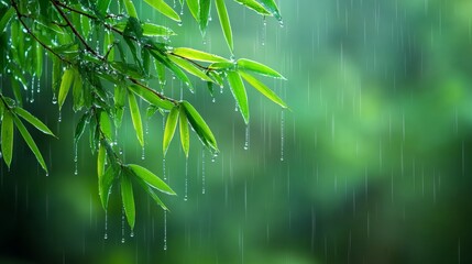 Fresh bamboo leaves with water drops in a summer rain