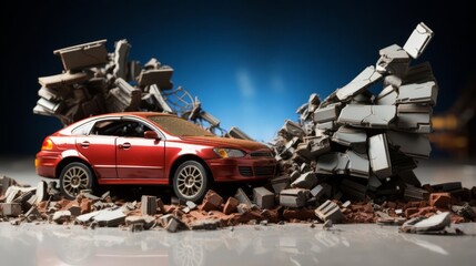 A red car navigating through a rubble-filled landscape, symbolizing resilience and power in challenging environments.