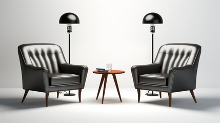 Stylish black armchairs with elegant lamps create a cozy atmosphere for conversation and relaxation in a modern setting.