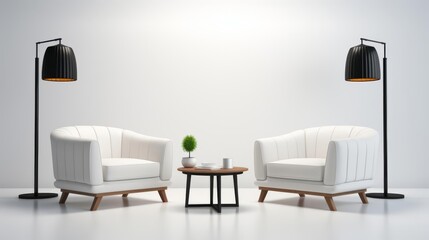 Stylish modern living room with white chairs, a table, and elegant lamps creating a cozy atmosphere.