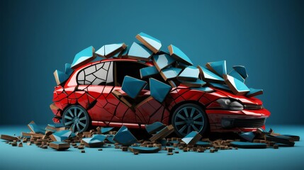A vibrant red car breaking through a wall of colorful bricks, symbolizing power and disruption in motion.