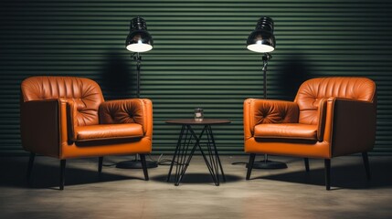 Stylish leather armchairs with modern lamps create a cozy setting in an industrial space.