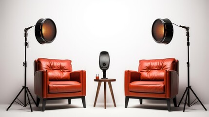 Stylish living room setup featuring two red armchairs, a modern table, and unique lighting for a cozy vibe.