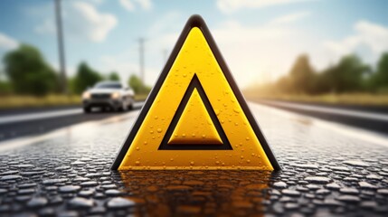 A vivid roadside emergency triangle sign against a sunlit background, symbolizing car breakdown and caution.