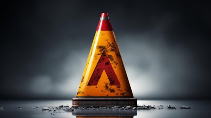 A weathered traffic cone with a distinct color pattern, symbolizing road safety and urban infrastructure.
