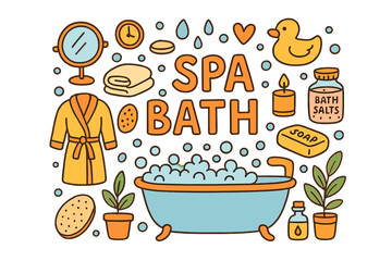 Spa Doodle Delight. Spa Bath. Hand-drawn doodle illustration of spa bath. Bathtub, bubbles, towel, candle,