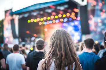 Large Crowd Enjoys an Outdoor Concert Under a Blurred Stage Lights Display (68 characters)