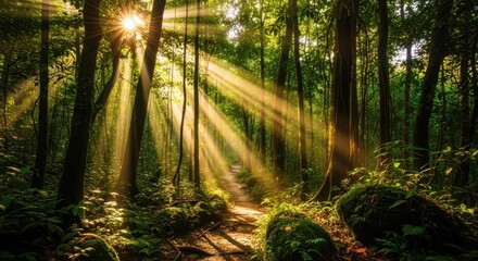 Golden sunbeams pierce lush green forest canopy creating a magical ethereal light spectacle
