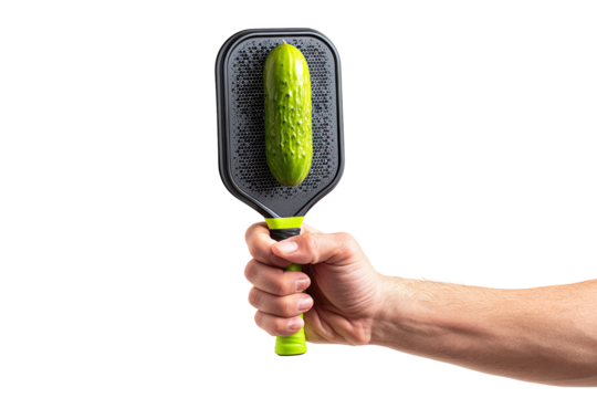 A hand holds a black paddle-shaped brush with a green handle, featuring a cucumber positioned atop the bristles