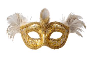 Gold Venetian mask with ornate detailing and white feathers