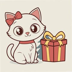 Adorable cartoon Christmas kitten with a red bow collar next to a gift box cute