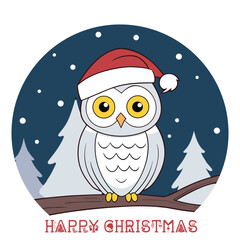 Adorable cartoon owl wearing a Santa hat sitting a branch with snow falling Christmas