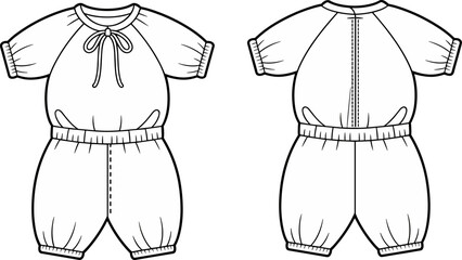 Baby romper front and back view, short sleeve infant outfit, elastic waist design, fashion sketch, vector template, garment illustration