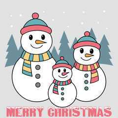Cartoon snowmen with hats scarves in a winter forest with falling snow snowman Christmas