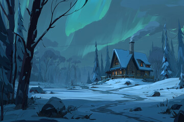 Stylized winter landscape with a cozy wooden cabin under the northern lights