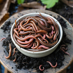 Earthworms in a white bowl with soil