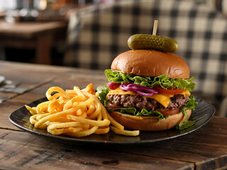 A hearty fast food meal, cheeseburger, golden french fries on a plate