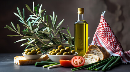 Organic fresh olive oil bottle with green olive leaves, red tomato, and garlic on white, a healthy cooking ingredient