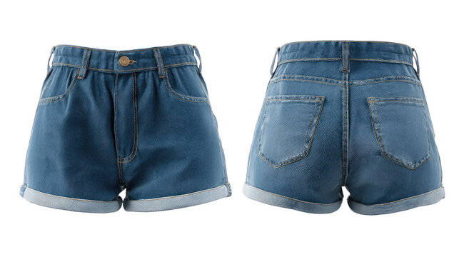 Light wash denim shorts, back and front views.  Cropped style with rolled hems.  Classic jean material.  A pair of shorts - Powered by Adobe