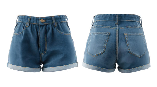 Light wash denim shorts, back and front views.  Cropped style with rolled hems.  Classic jean material.  A pair of shorts