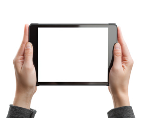 Hands holding a tablet computer with a blank screen (8)