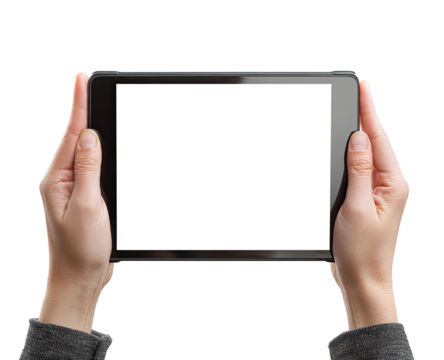 Hands holding a tablet computer with a blank screen (8)