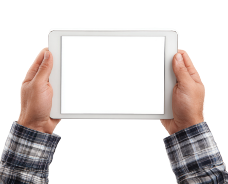 Hands holding a white tablet with blank screen