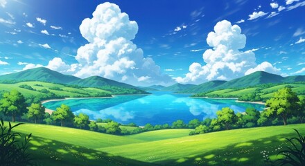 Fototapeta premium Vibrant anime landscape with serene lake mountains green hills blue sky and fluffy clouds