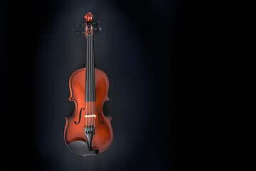 Violin made of reddish wood, bowed string instrument used for classical music, jazz, folk, country, bluegrass and more, dark background with very large copy space, selected soft focus