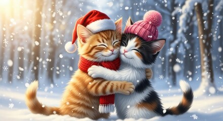 Adorable winter cats hugging cozy christmas scene with snowfall and festive hats