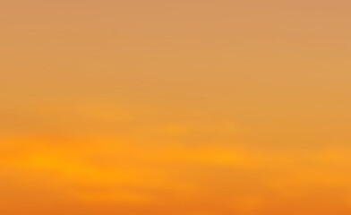 Orange yellow golden sky with fluffy cloud. Summer sunset nature landscape. Beautiful sunrise background. Cloudscape gradient abstract.