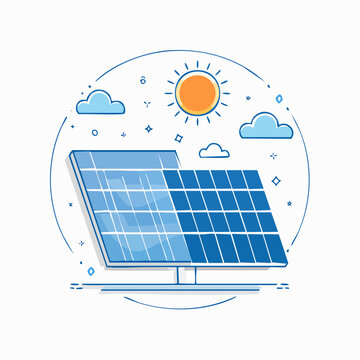 Single solar panel angled towards a bright sun with stylized clouds and decorative elements in a circular frame Keywords: solar panel, solar energy, renewable energy, sun, sky, clouds, decorative